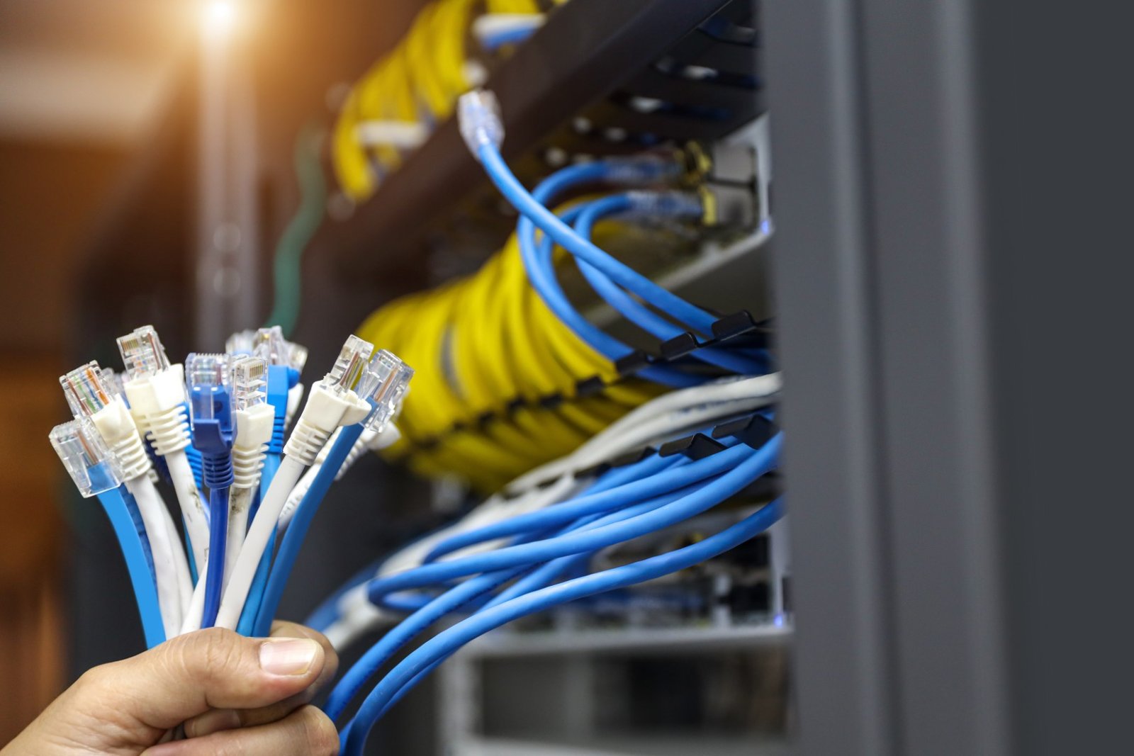 Hand and LAN internet network cable or RJ45 UTP Cat6 fiber optic Ethernet cables for computer data link wifi connect cloud computing server networking devices system switch or hub router technology.